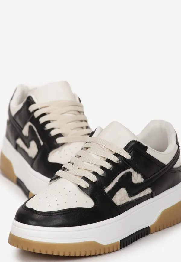 Czarno-Białe Sneakersy z Imitacji Skóry ze Wstawkami z Futerka Vaelisa