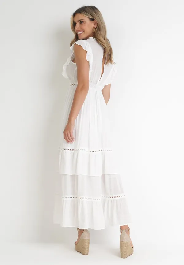 Biała Rozkloszowana Sukienka Maxi z Falbankami Teara