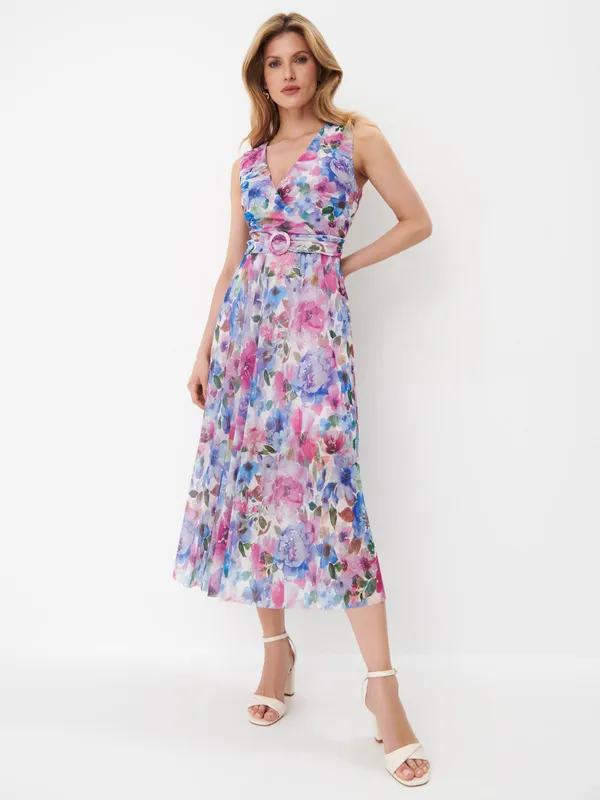 Kopertowa sukienka midi w kwiatowy wzór - Różowy