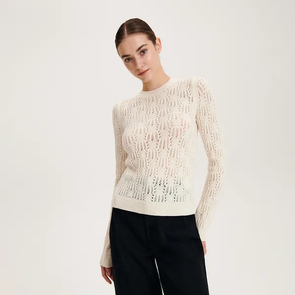 Sweter z ażurowym wzorem - Kremowy