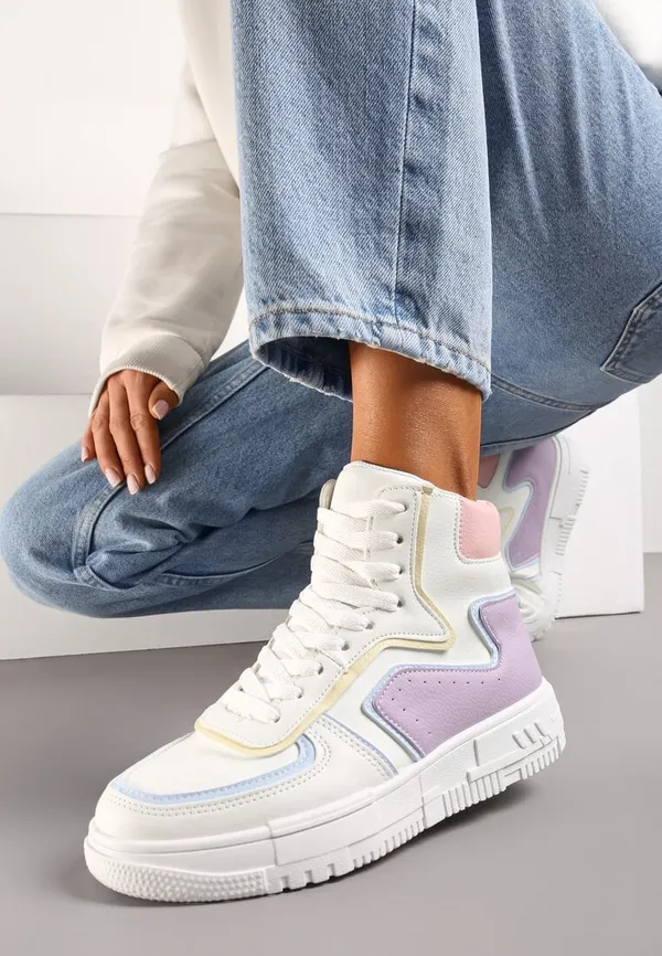 Biało-Fioletowe Sneakersy za Kostkę z Ozdobnymi Wstawkami Alepridda