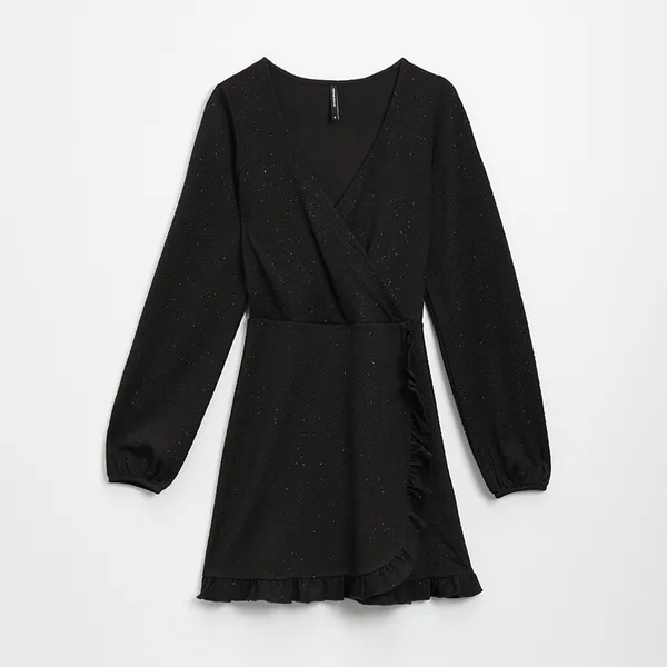 Błyszcząca sukienka kopertowa czarna - Czarny
