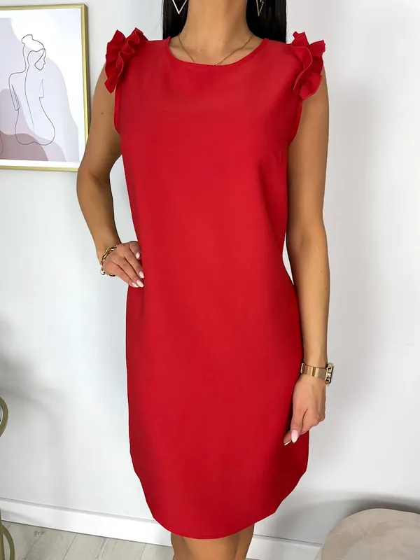 Czerwona Sukienka z Ozdobnym Rękawkiem 6103-76-C