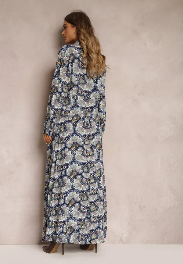 Granatowa Sukienka Koszulowa w Roślinny Wzór Bahi