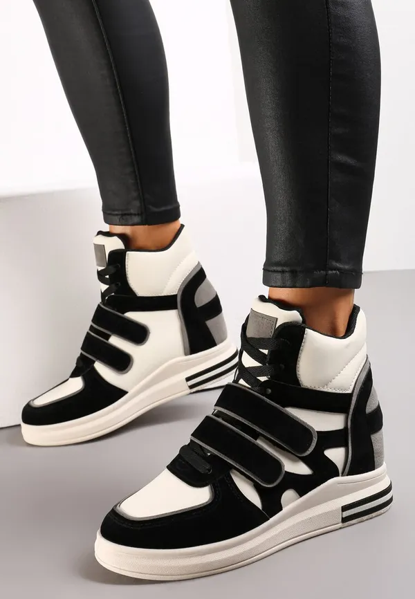 Czarno-Białe Sneakersy na Ukrytym Koturnie Zapięcie na Rzep Dodatkowo Sznurowane z Ozdobnymi Wstawkami z Ekozamszu Tisgnet