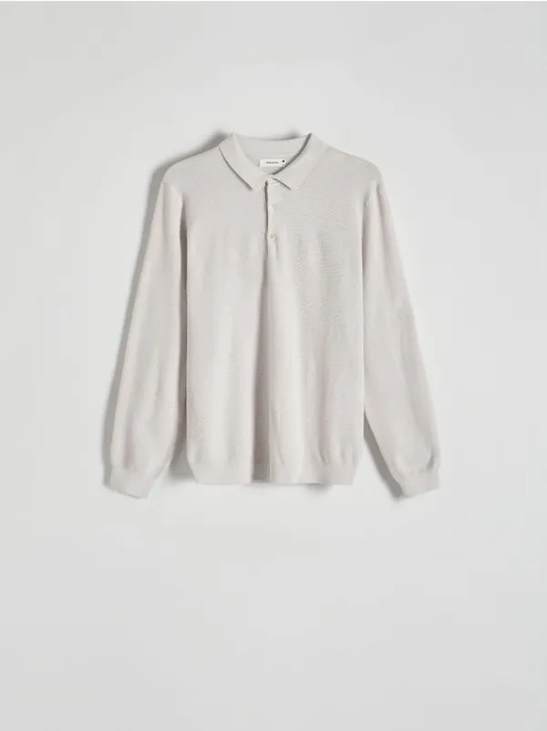 Sweter typu polo, z kolekcji PREMIUM, wykonany z bawełny z domieszką kaszmiru. - złamana biel