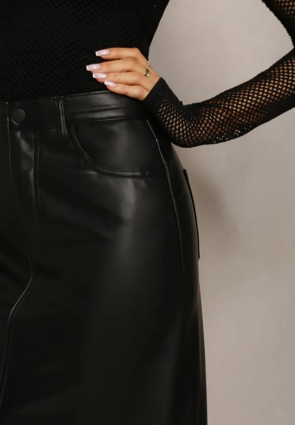 Czarna Trapezowa Spódnica Maxi z Imitacji Skóry Selariel