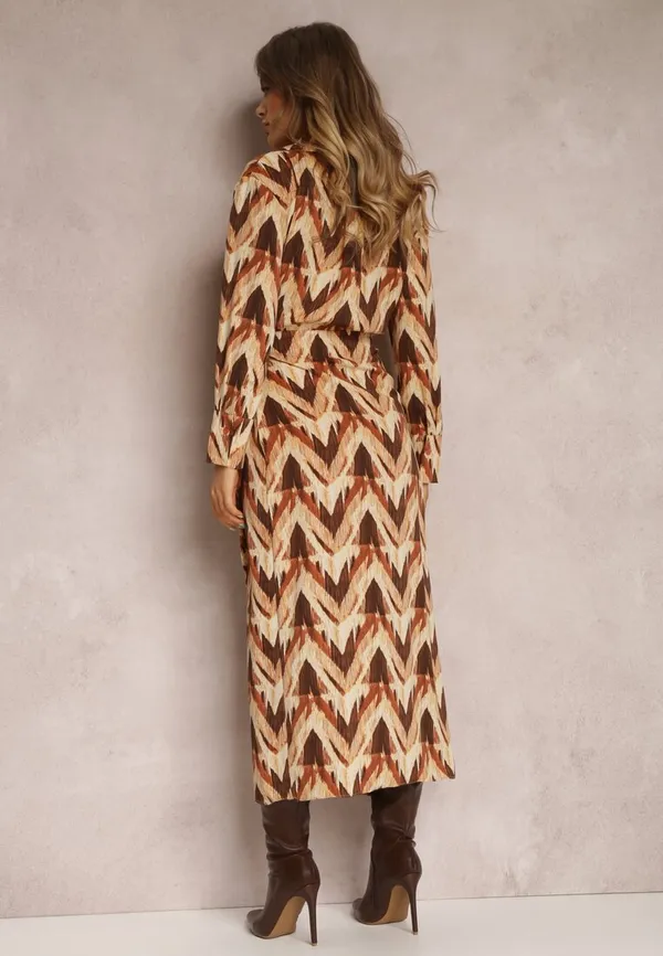 Beżowo-Brązowa Sukienka Kopertowa w Geometryczny Wzór Elavelle