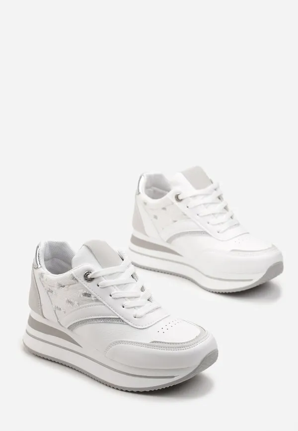 Biało-Srebrne Sznurowane Sneakersy z Ekoskóry z Błyszczącymi Wstawkami Fiviara