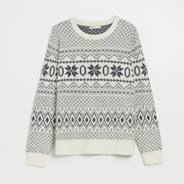 Żakardowy sweter we wzory biało-czarny - Szary