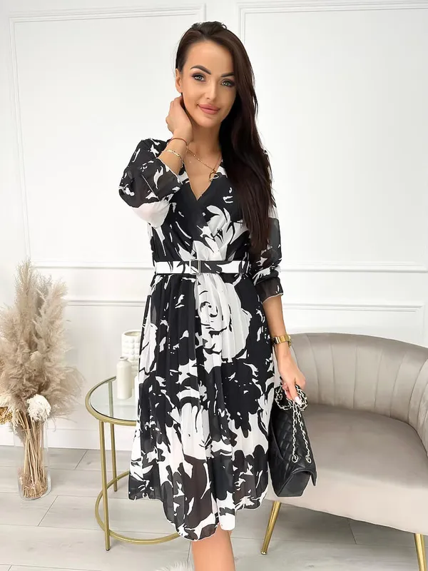 Czarno-Kremowa Plisowana Sukienka