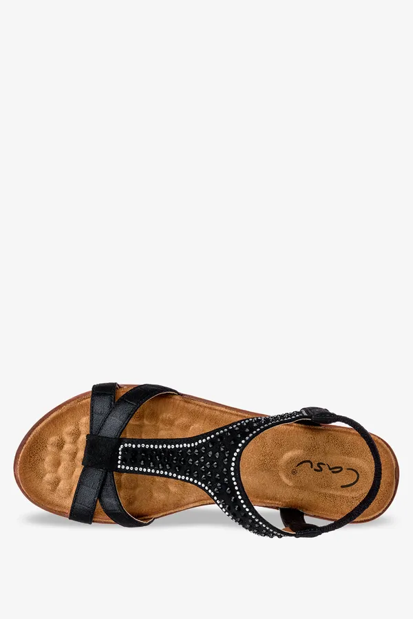Czarne sandały płaskie z kryształkami z gumką casu er22x2-b