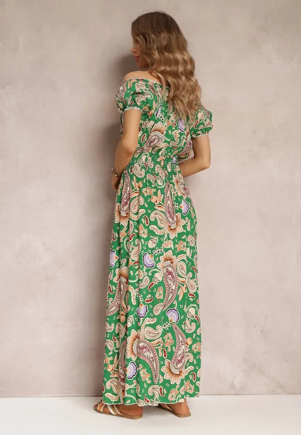 Zielona Bawełniana Sukienka Maxi z Hiszpańskim Dekoltem i Cienkimi Gumkami w Talii Alarina