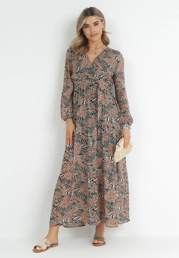 Brązowa Sukienka Maxi z Gumką w Talii i Roślinnym Printem Alai