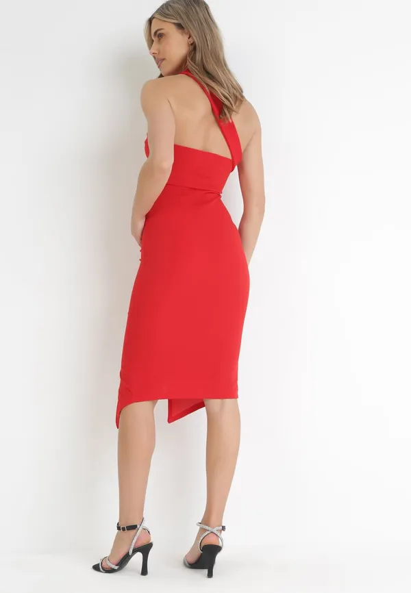Czerwona Dopasowana Sukienka Midi na Jedno Ramię Calaxis
