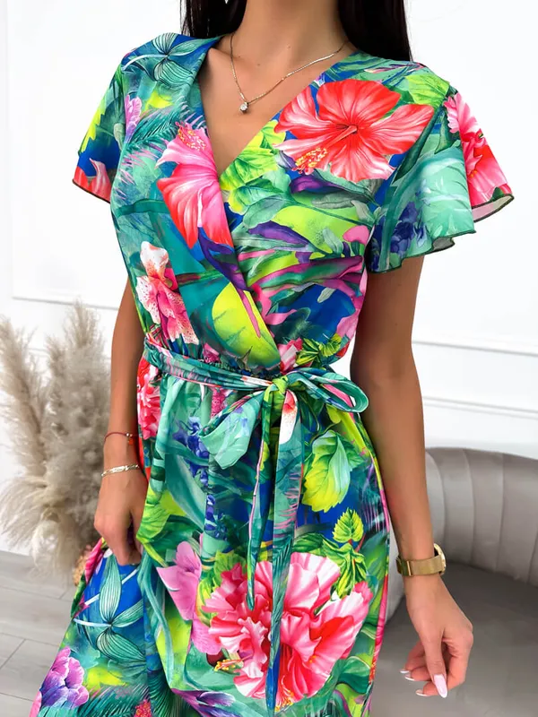 Kolorowa Sukienka Maxi w Roślinny Wzór