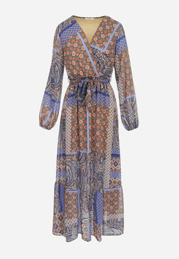 Niebiesko-Beżowa Sukienka Rozkloszowana w Patchworkowy Wzór Caphi