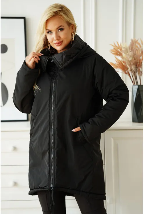 Czarna długa kurtka jesienna - zimowa z ozdobną naszywką na plecach - Loris