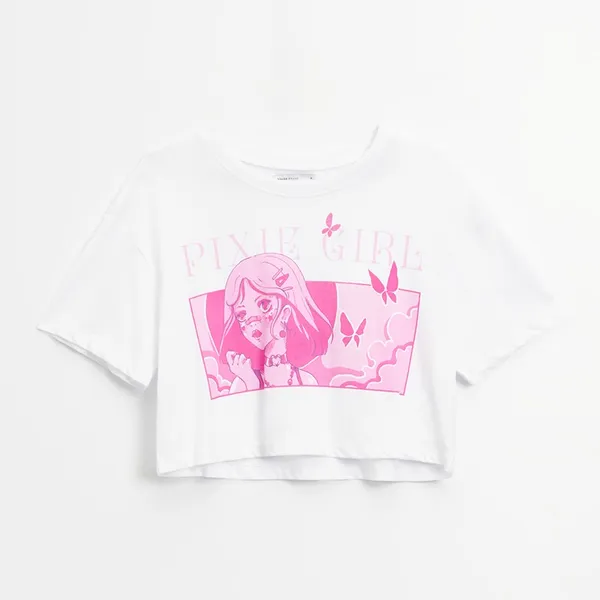 Krótka koszulka z nadrukiem Pixie Girl - Biały