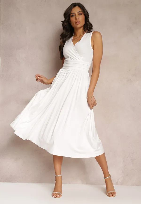 Biała Sukienka z Kopertowym Dekoltem i Plisowanym Dołem Anamarie