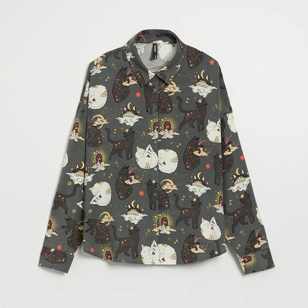 Wiskozowa koszula z motywami kotów szara - Wielobarwny