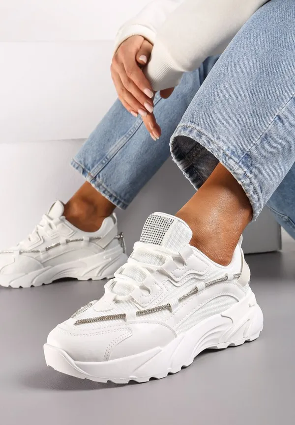 Białe Buty Sportowe Sneakersy z Ozdobnym Sznurkiem z Cyrkoniami Saerina