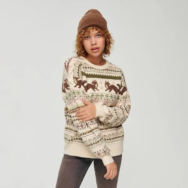 Żakardowy sweter we wzory beżowy - Wielobarwny