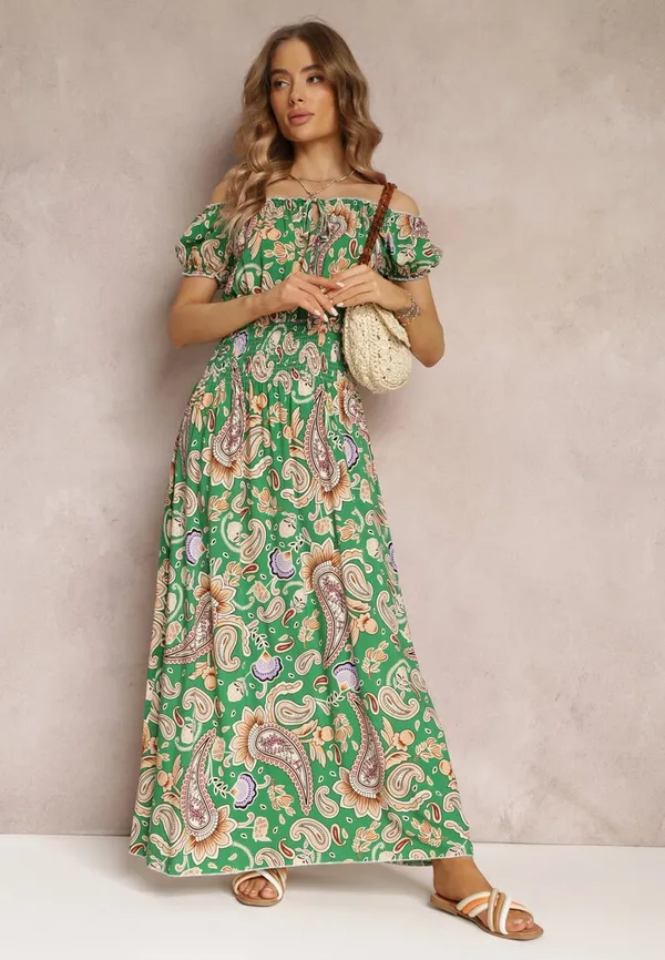 Zielona Bawełniana Sukienka Maxi z Hiszpańskim Dekoltem i Cienkimi Gumkami w Talii Alarina