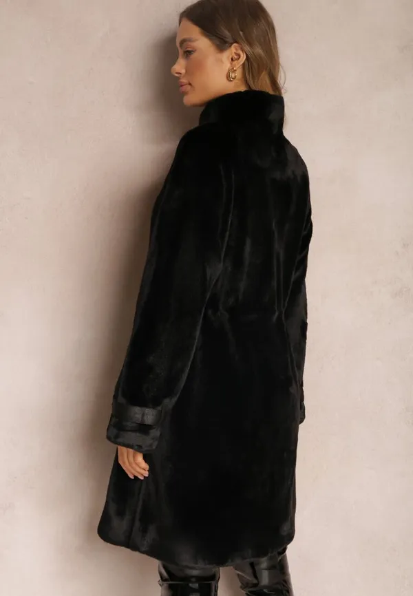 Czarny Płaszcz Futrzany ze Ściągaczem w Pasie Yedid