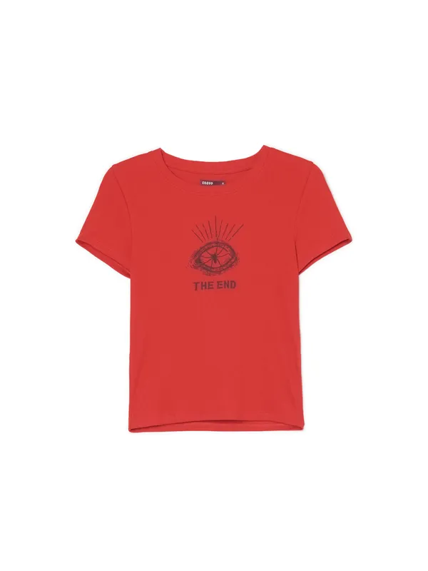 Czerwony t-shirt crop z nadrukiem