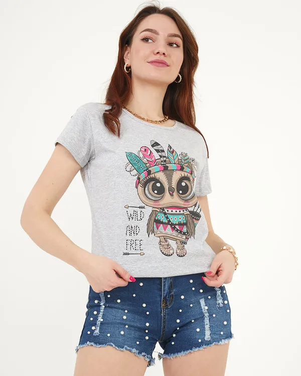 T-shirt damski z printem w kolorze szarym - Odzież - Jasnoszary || Szary