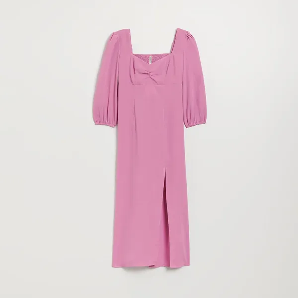Gładka sukienka midi z bufiastym rękawem różowa - Fioletowy