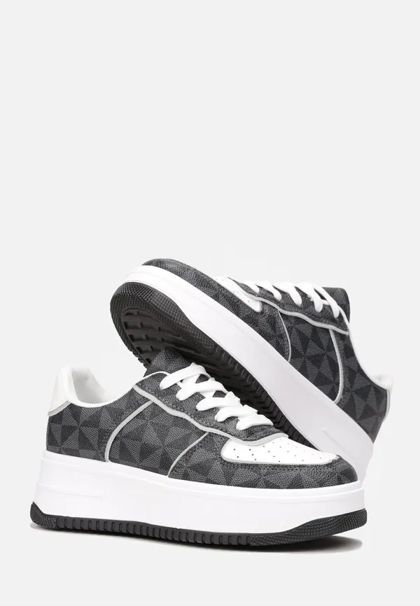 Czarne Sneakersy na Platformie Zdobione Geometrycznym Wzorem Zamya