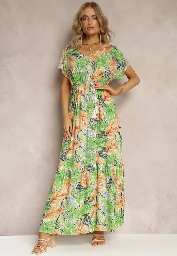 Zielono-Pomarańczowa Maxi Sukienka z Wiskozy w Kwiatowy Print ze Sznurkiem w Talii Anukka