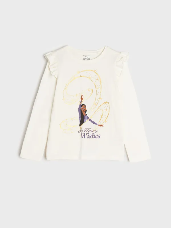 Wygodna, bawełniana koszulka z ozdobnym nadrukiem z postacią z bajki "Życzenie" - kremowy