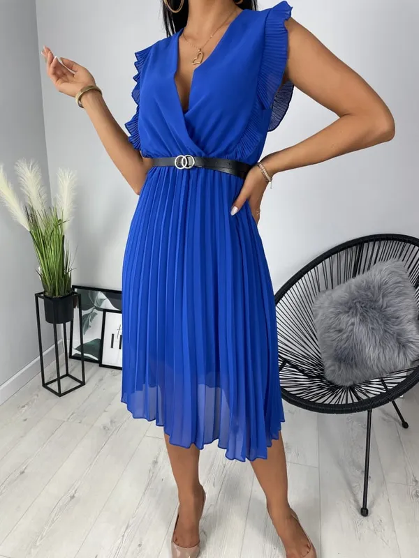 Kobaltowa Plisowana Sukienka z Paskiem 8116-400-D
