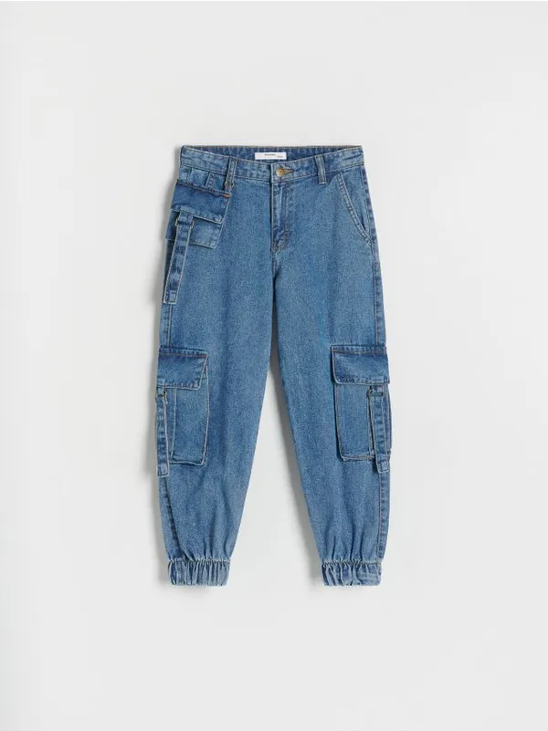 Jeansy typu jogger, wykonane z bawełnianej tkaniny. - niebieski