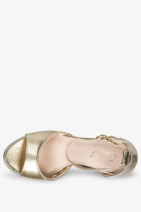 Złote sandały szpilki błyszczące z zakrytą piętą pasek wokół kostki casu d22x12-g