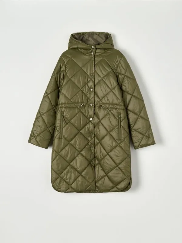 Pikowany płaszcz z kapturem - zielony