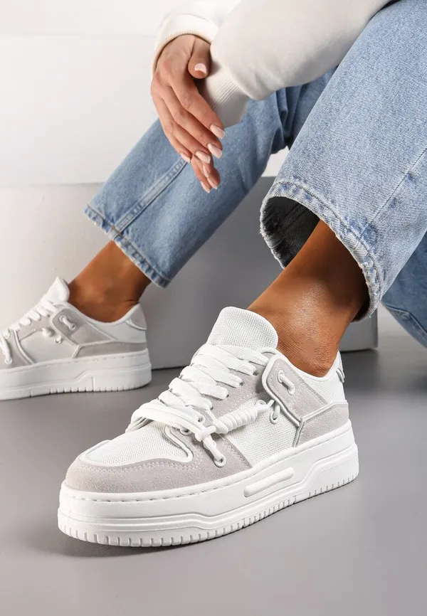 Białe Buty Sportowe Sneakersy na Platformie z Ozdobnymi Sznurówkami Aqara
