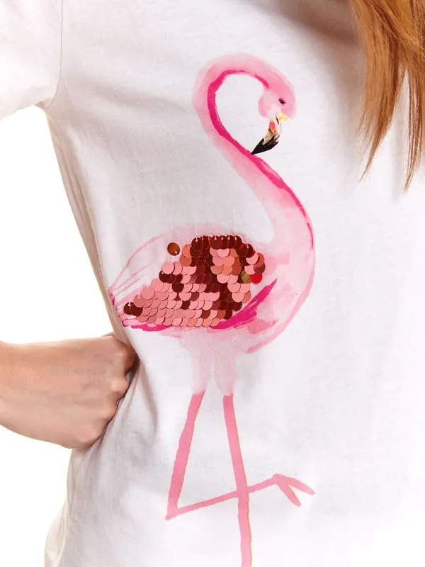 T-shirt damski z cekinami, z flamingiem