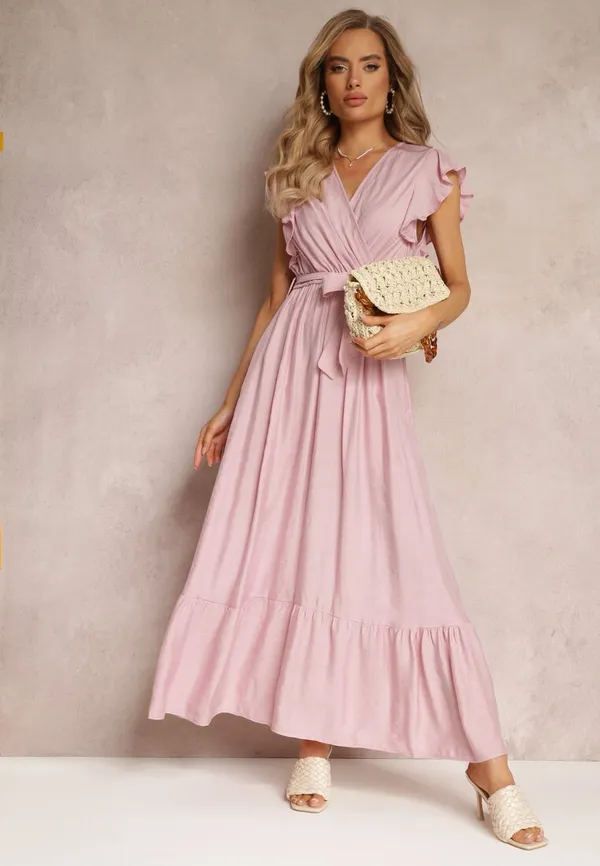 Różowa Rozkloszowana Sukienka Maxi z Gumką w Talii Lavla