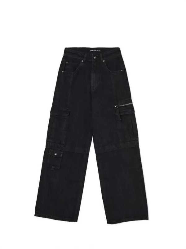 Czarne jeansy wide leg cargo