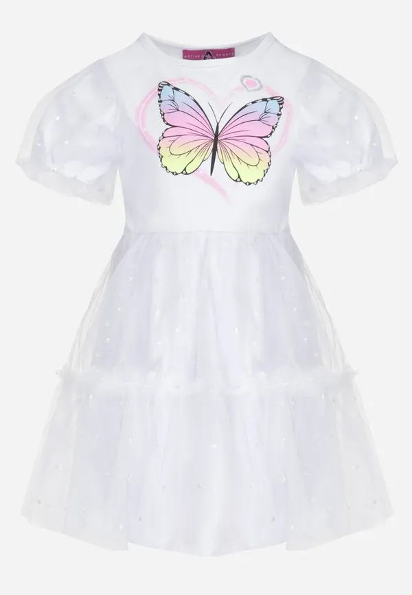 Biała Sukienka z Brokatowym Motylkiem i Tiulowym Dołem Princessia