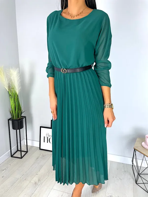 Zielona Plisowana Sukienka z Paskiem 7188-131-D