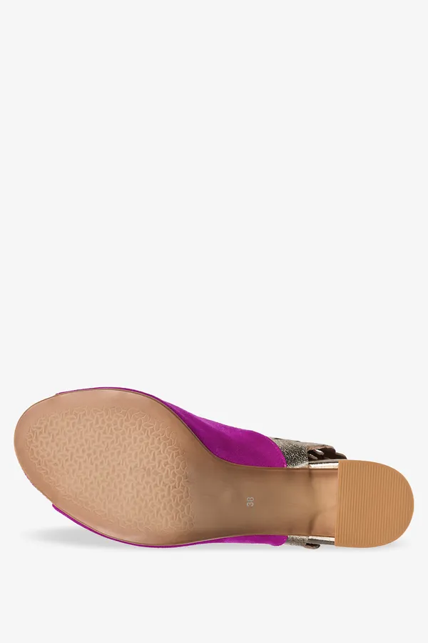 Fuksjowe sandały skórzane damskie ażurowe na słupku produkt polski casu 2302