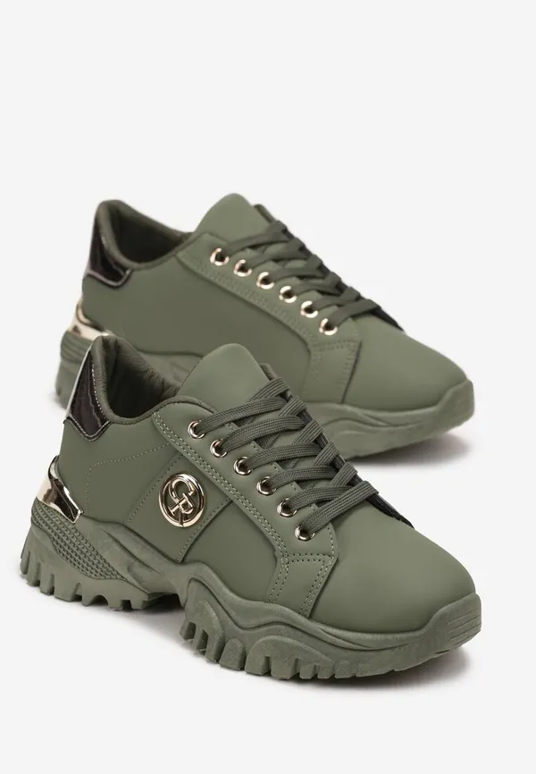 Zielone Sneakersy przed Kostkę z Metalicznym Zdobieniem na Grubej Podeszwie Umsine