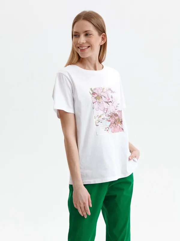 Luźny t-shirt damski z kwiatowym motywem
