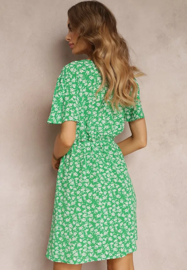 Zielona Sukienka Mini w Kwiatki z Gumką w Pasie Irarria