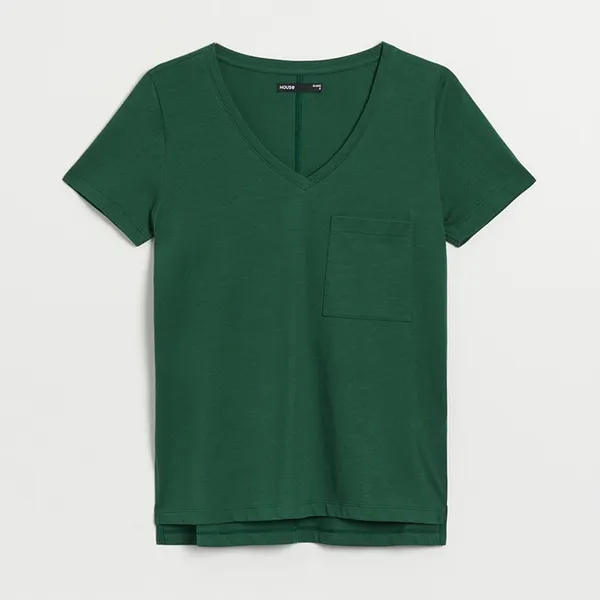 Gładka koszulka z dekoltem w serek Basic butelkowa zieleń - Khaki